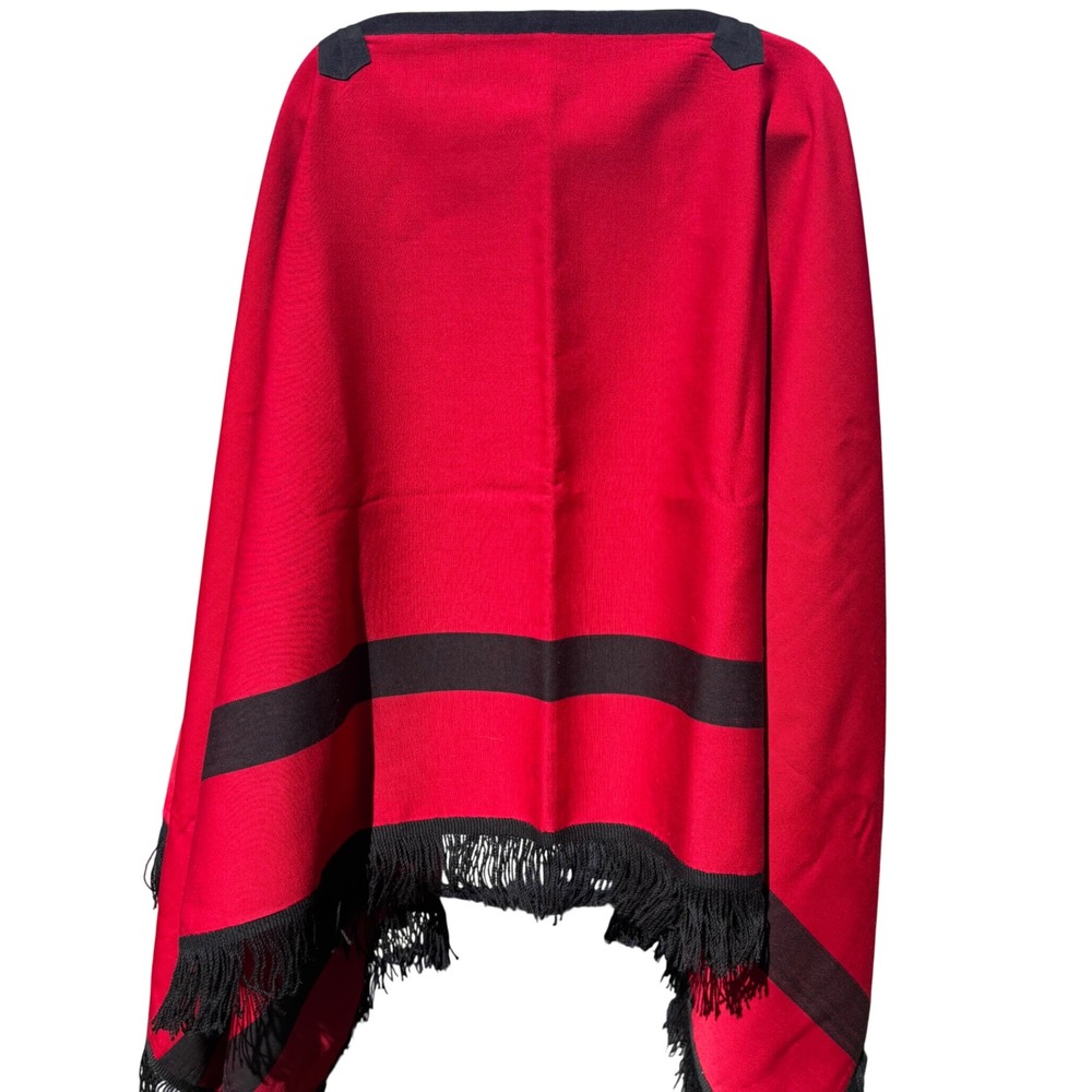 Vintage Red Wool Poncho Wrap Black Stripe Fringe Trim Boat Neck Zig Zag Stitch